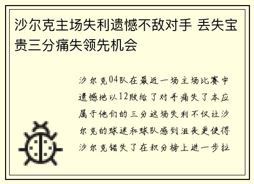 沙尔克主场失利遗憾不敌对手 丢失宝贵三分痛失领先机会
