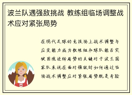 波兰队遇强敌挑战 教练组临场调整战术应对紧张局势