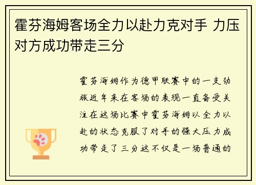 霍芬海姆客场全力以赴力克对手 力压对方成功带走三分