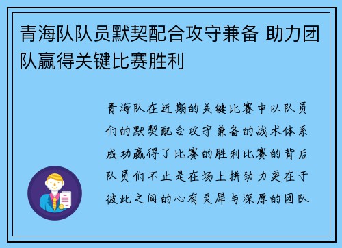 青海队队员默契配合攻守兼备 助力团队赢得关键比赛胜利