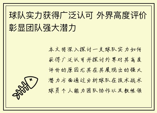 球队实力获得广泛认可 外界高度评价彰显团队强大潜力